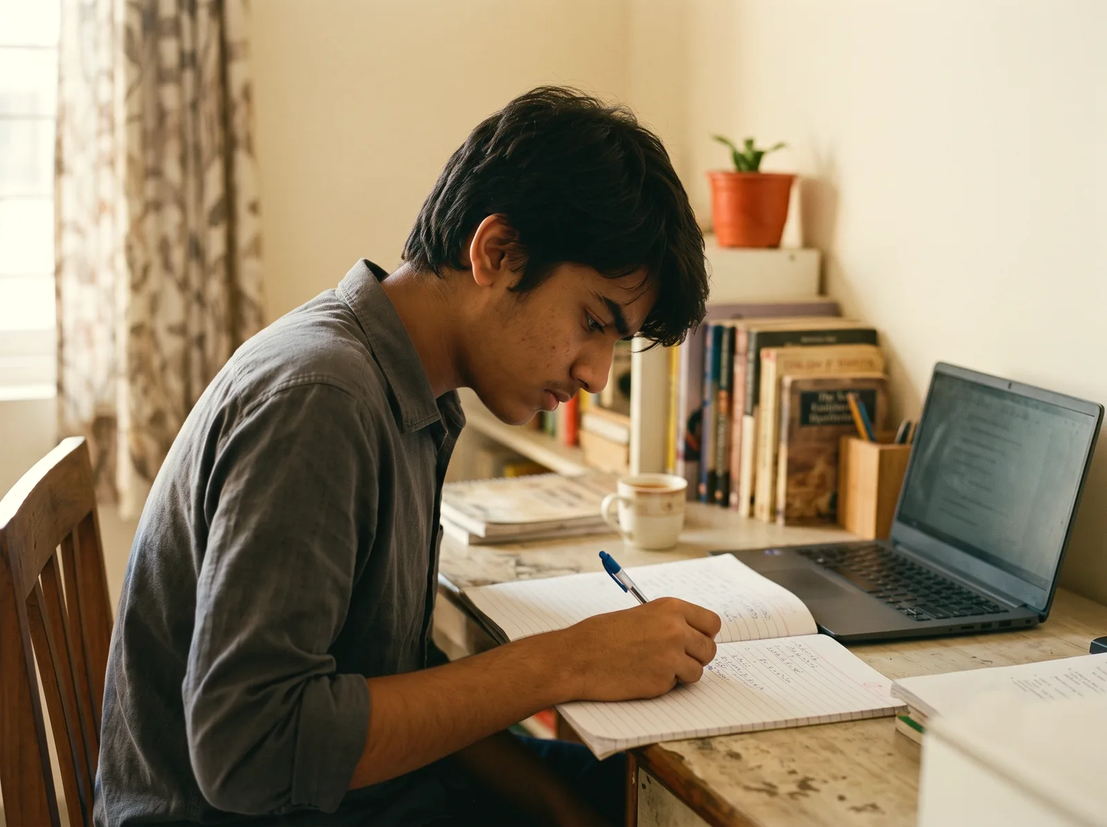 A student working through practice problems at a desk at home